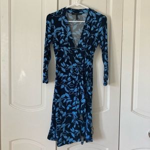 BCBG floral blue and black wrap dress